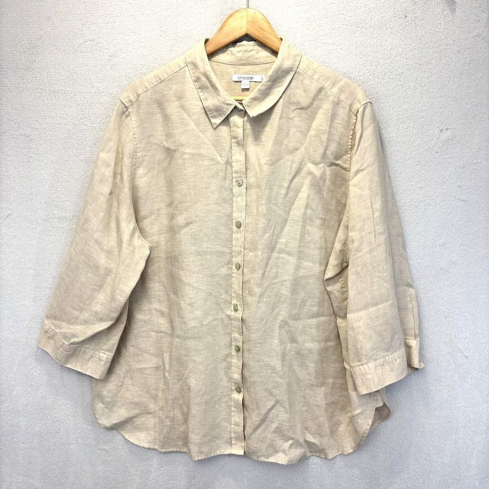 Chico's 100% Linen Button-Up Tunic Shirt Womens 4 (20) Beige 3/4 Sleeve Relaxed